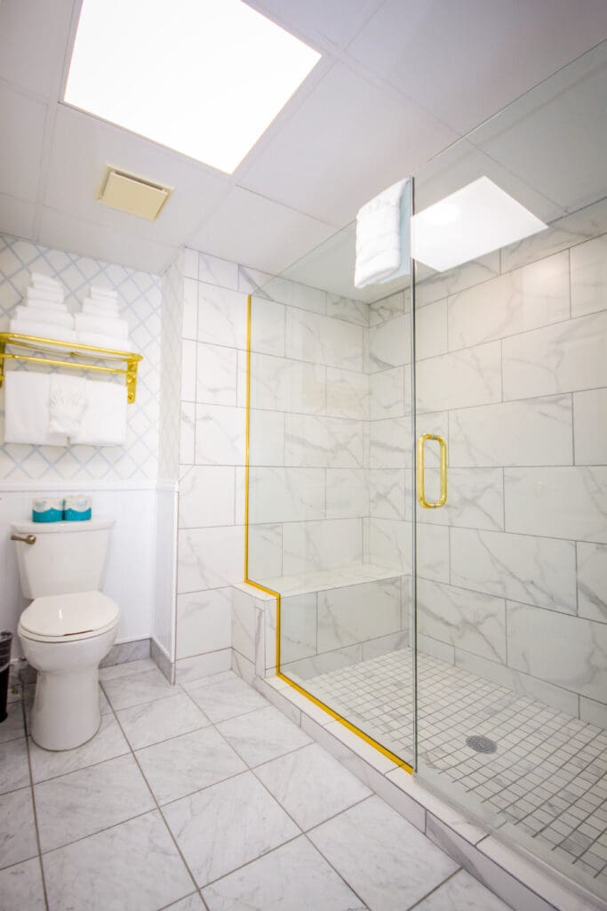 A picture of a toilet in the bathroom of the Lilac Tree Suites