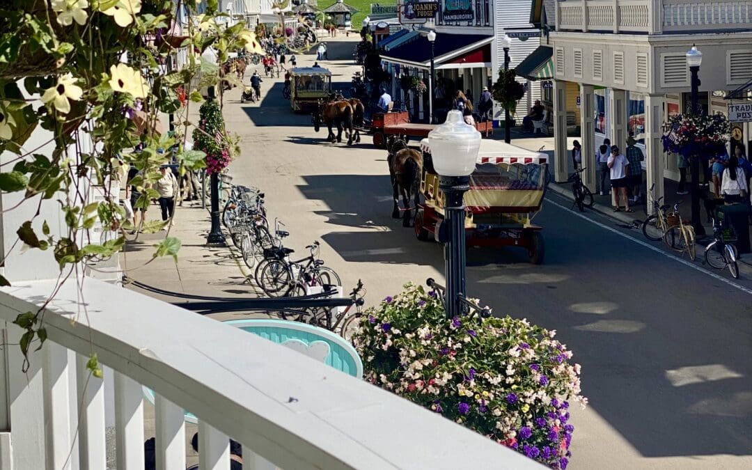 A balcony over looking main street showing the attractions and things to do during peak season